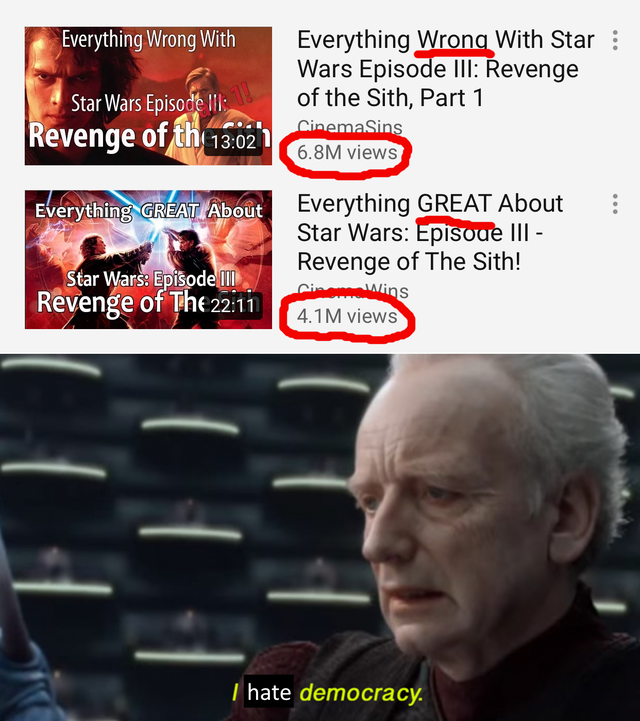 prequel-memes star-wars-memes prequel-memes text: verythinp Wrong With StarWars Episc Revenge ofåO Everything GREAT Abou tar rs:E, 19d Ill Reven eo Thc Everything = With Star Wars Episode Ill: Revenge of the Sith, Part 1 6.8M views Everything GREAT About Star Wars: Ill - Revenge of The Sith! s 4.1M views hate democracy. 