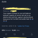 feminine-memes nsfw text: 10:40 Tweet @chrissyteigen Whatever helps you sleep at night, my dude Replying t Your orgasm is based on your pH balance beloved, majority of women are not on an alkaline diet and their vagina is dysfunctional because of all the GMO and acidic food 9:59 PM • 2019-11-16 • Twitter for iPhone Likes 978 Retweets 13.4K Lol wtf is this tweet 01 0 99 christine teigen @chrissyteig... • 37m v Imagine yelling Ill can