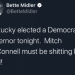 political-memes political text: Bette Midler @BetteMidler Kentucky elected a Democratic Governor tonight. Mitch McConnell must be shitting his shell!  political