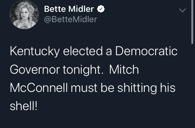 political political-memes political text: Bette Midler @BetteMidler Kentucky elected a Democratic Governor tonight. Mitch McConnell must be shitting his shell! 