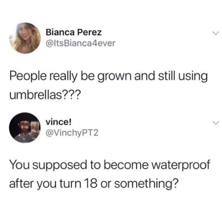 water water-memes water text: Bianca Perez @tsBianca4ever People really be grown and still using umbrellas??? vince! @VinchyPT2 You supposed to become waterproof after you turn 18 or something? 