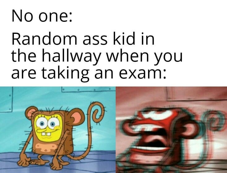 spongebob spongebob-memes spongebob text: No one: Random ass kid in the hallway when you are taking an exam: 