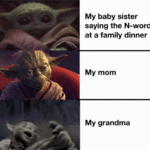 star-wars-memes ot-memes text: My baby sister saying the N-word at a family dinner My mom My grandma  ot-memes