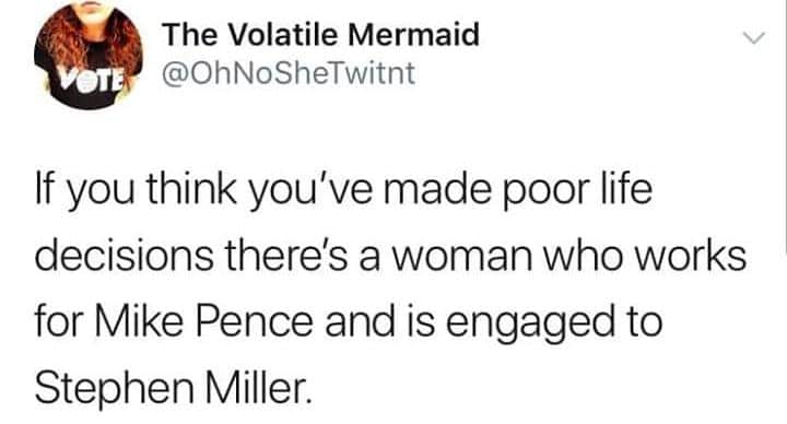 political political-memes political text: The Volatile Mermaid @OhNoSheTwitnt If you think you've made poor life decisions there's a woman who works for Mike Pence and is engaged to Stephen Miller. 