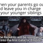 star-wars-memes jar-jar-binks text: When your parents go out and leave you in charge of your younger siblings -The Republic will be reorganized into the first Galactic Fillip