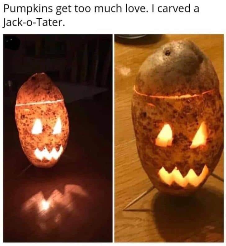 cute wholesome-memes cute text: Pumpkins get too much love. I carved a Jack-o-Tater. 