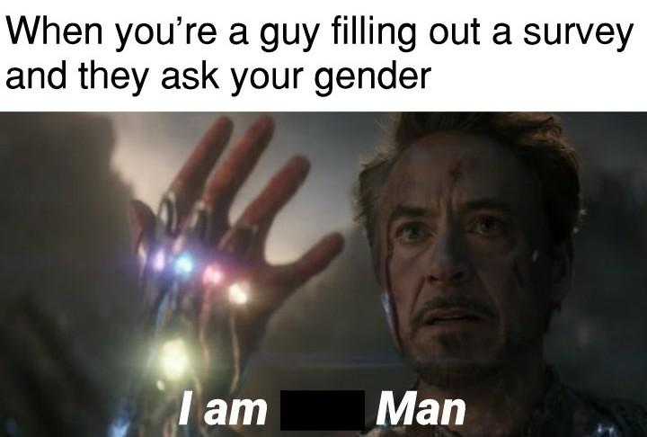 thanos avengers-memes thanos text: When you're a guy filling out a survey and they ask your gender I am Man 