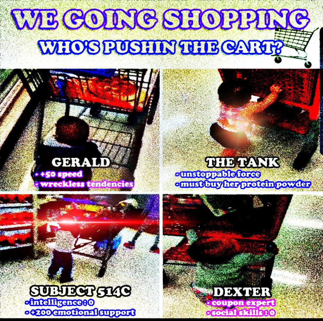 deep-fried deep-fried-memes deep-fried text: WE GOING SHOPPING WHO'S PUSHIN THE GERALD • +50 speed •wreckless dencies SUBJECT 514C • intelligence : o • +200 emotional support THE TANK - unstoppable force - must buy her protein,powder +*DEXTER • coupon expert • social skills : O 