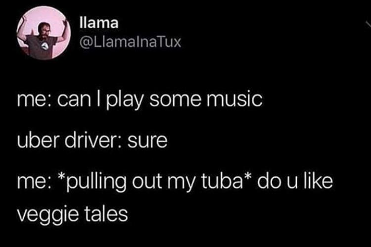 christian christian-memes christian text: llama @LlamalnaTux me: can I play some music uber driver: sure me: *pulling out my tuba* do u like veggie tales 