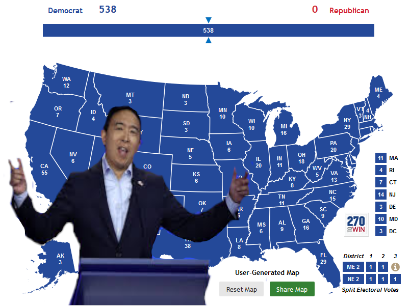 political yang-memes political text: Democrat •o 538 O AL User-Generated Map Reset Map Share Map Republican VA 270 *WIN District 1 2 3 ME 2 1 Split Electoral Votes 