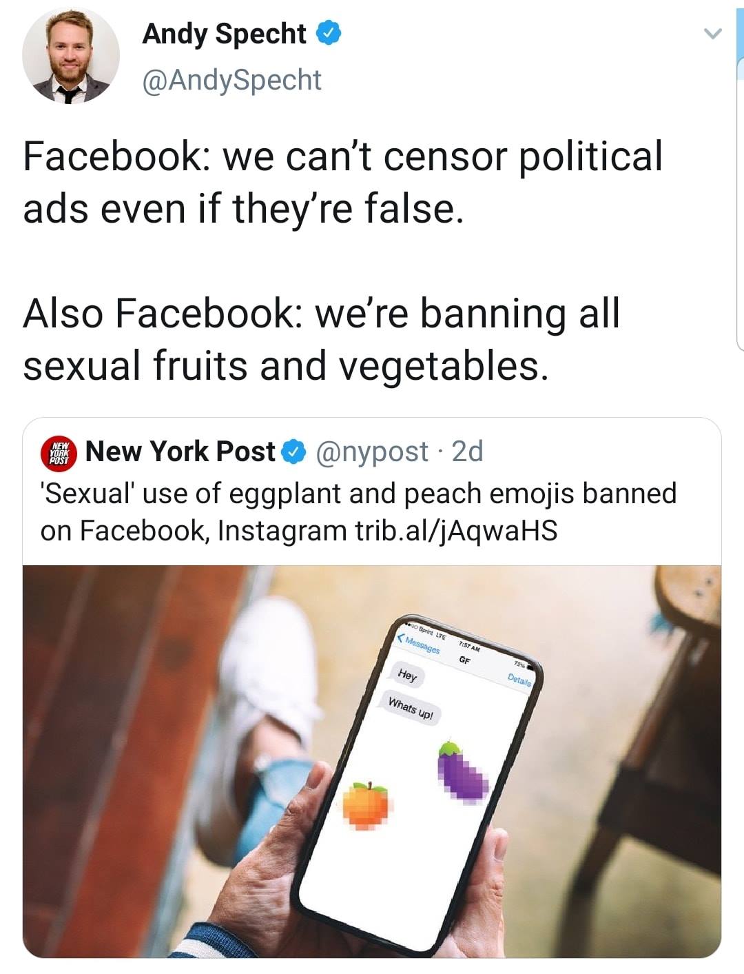 political political-memes political text: Andy Specht e @AndySpecht Facebook: we can't censor political ads even if they're false. Also Facebook: we're banning all sexual fruits and vegetables. O New York Poste @nypost • 2d 'Sexual' use of eggplant and peach emojis banned on Facebook, Instagram trib.al/jAqwaHS 
