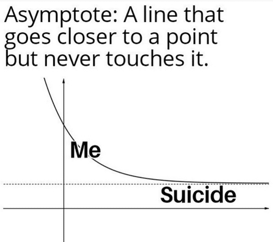 depression depression-memes depression text: Asymptote: A line that goes closer to a point but never touches it. Suicide 