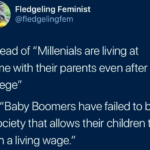 political-memes political text: Fledgeling Feminist @fledgelingfem Instead of "Millenials are living at home with their parents even after college" Try "Baby Boomers have failed to build a society that allows their children to earn a living wage."  political