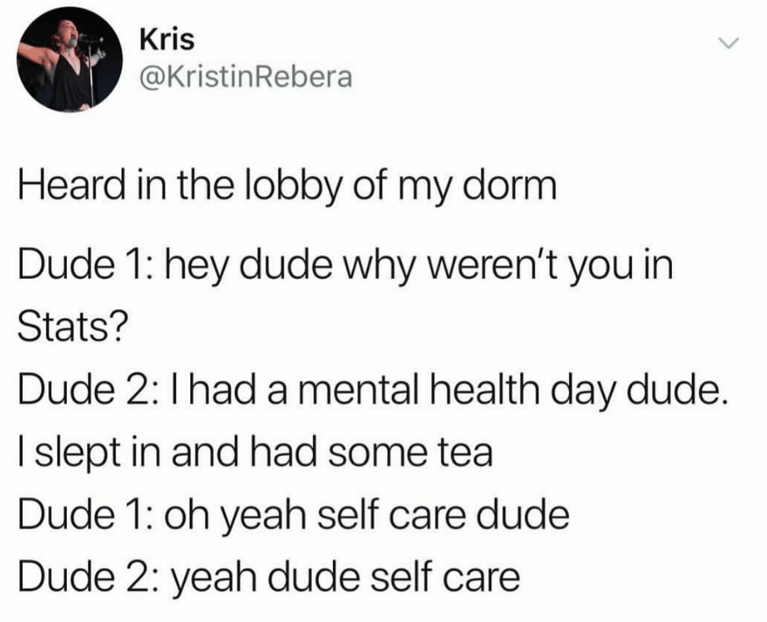 cute wholesome-memes cute text: Kris @KristinRebera Heard in the lobby of my dorm Dude 1: hey dude why weren't you in Stats? Dude 2: I had a mental health day dude. I slept in and had some tea Dude 1: oh yeah self care dude Dude 2: yeah dude self care 