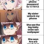 anime-memes anime text: •{hli_4_-• Change my phone password to 177013 My sister unlock my phone She see the big tiddy onee-san wallpaper She says Ara ara weeb-kun  anime