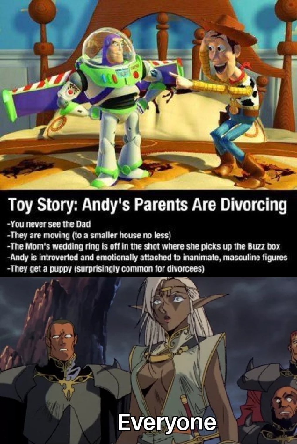 anime anime-memes anime text: Toy Story: Andy's Parents Are Divorcing -You see the Dad -They are moving (to a smaller twuse less) -The Mom's wedding is off in the shot where she picks up the Buzz -Andy is introverted arid enniona