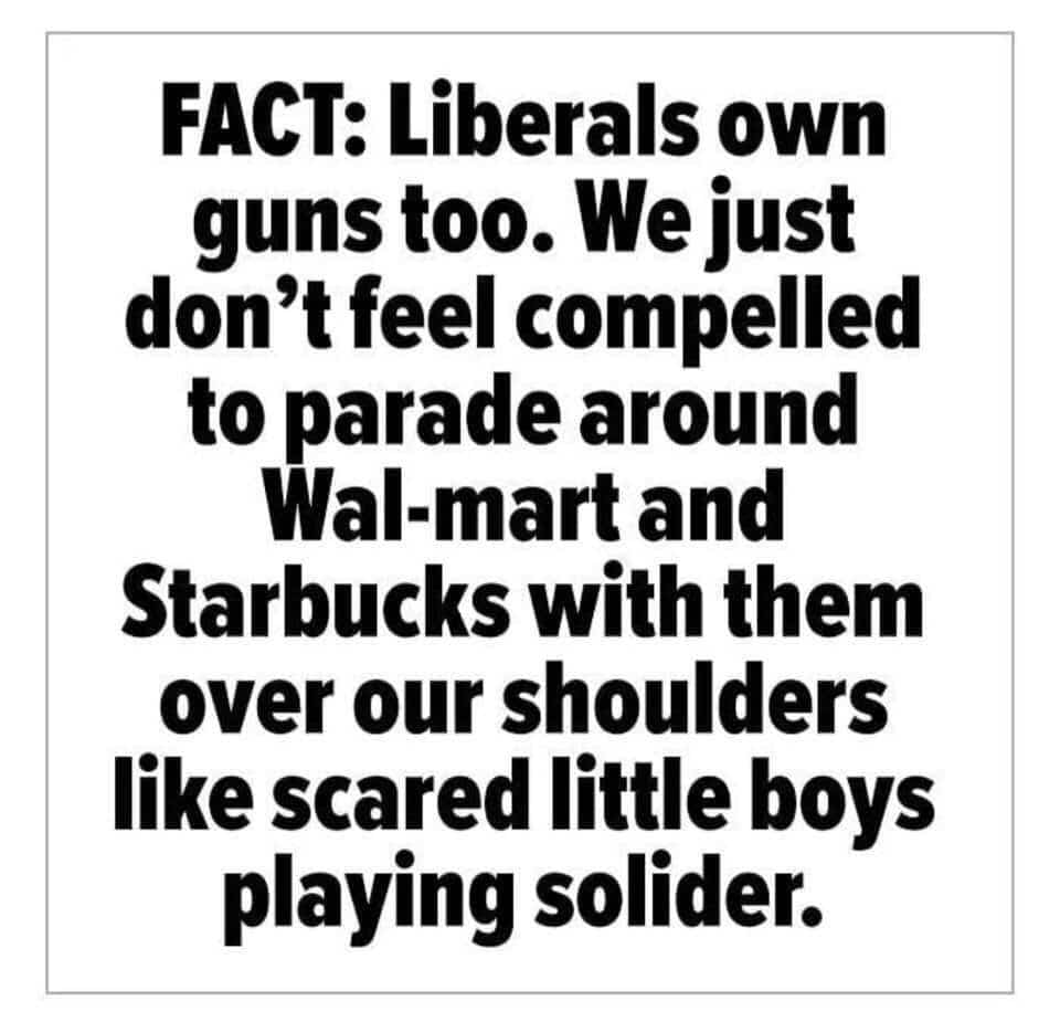 political political-memes political text: FACT: Liberals own guns too. We just don't feel compelled to parade around Wal-mart and Starbucks with them over our shoulders like scared little boys playing solider. 