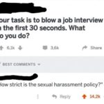 offensive-memes nsfw text: Your task is to blow a job interview in the first 30 seconds. What do you do? 6,1k BEST COMMENTS 3.6k Share "How strict is the sexual harassment policy?" 9 Reply 14.2k +  nsfw