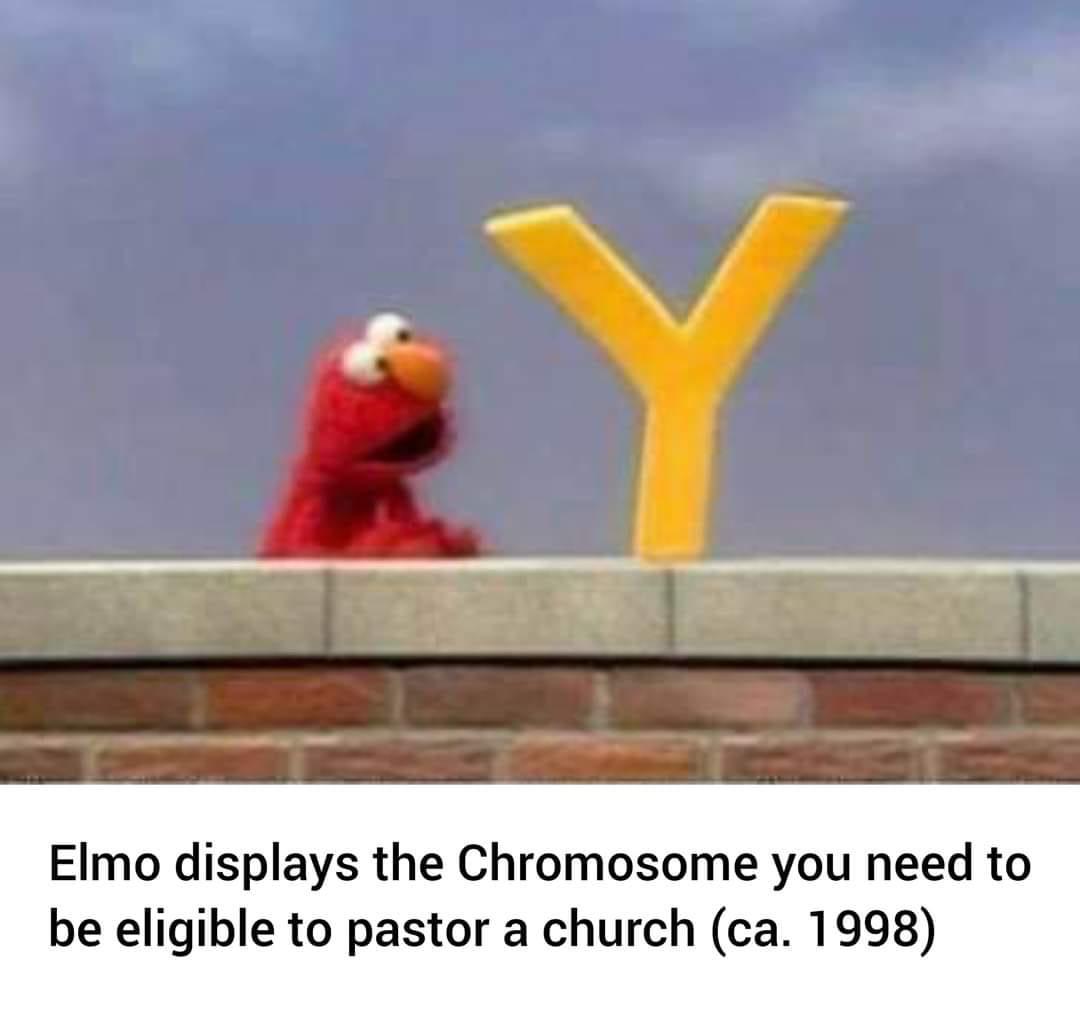 christian christian-memes christian text: Elmo displays the Chromosome you need to be eligible to pastor a church (ca. 1998) 