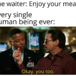 avengers-memes thanos text: The waiter: Enjoy your meal. Every single human being ever: Okay, you too.  thanos