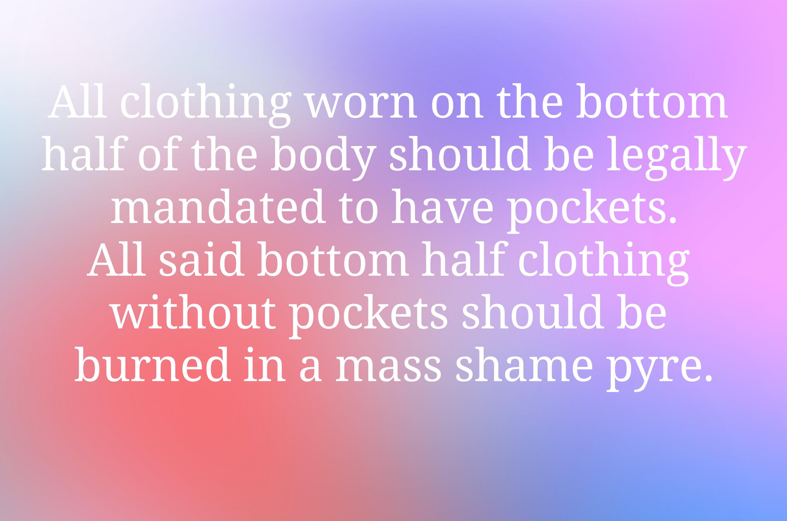 misc memes misc text: All clothing worn on the bottom half of the body should be legally mandated to have pockets. All said bottom half clothing without pockets should be burned in a mass shame pyre, 