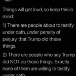 political-memes political text: Adam Felber @adamfelber Things will get loud, so keep this in mind: 1) There are people about to testify under oath, under penalty of perjury, that Trump did these things. 2) There are people who say Trump did NOT do these things. Exactly none of them are willing to testify under oath. That