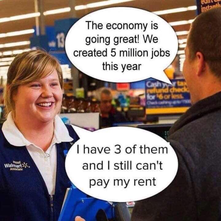political yang-memes political text: The economy is going great! We created 5 million jobs this year I have 3 of them and I still can't pay my rent 