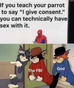 dank-memes cute text: If you teach your parrot to say "l give consent." you can technically have sex with it. Me The FBI God