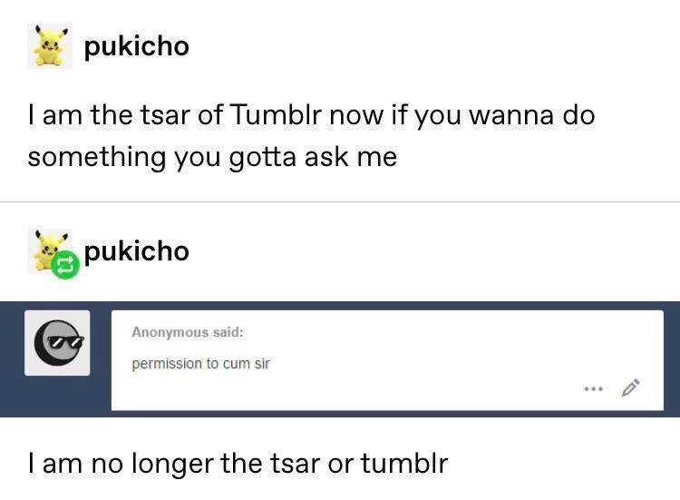 history history-memes history text: pukicho I am the tsar of Tumblr now if you wanna do something you gotta ask me pukicho Anonymous said: permission to cum sir I am no longer the tsar ortumblr 