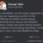 political-memes political text: Oh Myg George Takei @GeorgeTakei As a Buddhist, we are never supposed to take any happiness comfort in the suffering of another human being. Watching Devin Nunes and Stephen Castor cringe and sweat during Gordon Sondland