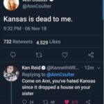 political-memes political text: Ann Coulter O @AnnCoulter Kansas is dead to me. 9:32 PM • 06 Nov 18 732 Retweets 4.529 Likes 0 Ken ReidO •12m v Replying to @AnnCoulter Come on Ann, you