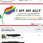 boomer-memes political text: shared a link. I AM AN ALLY 1 AM NOT GAY, Bl, TRANSGENDER, PANSEXUALJNTERSEX OR ASEXUAL I JUST SUPPOQT THE CQAZY IDEA THAT EVERYONE SHOULD HAVE EQUAL QIGHTS @LGBTPlusPrnud i SHARE PBS.TWIMG.COM pbs.twimg.com Nov 20 at 8:49 AM •  political