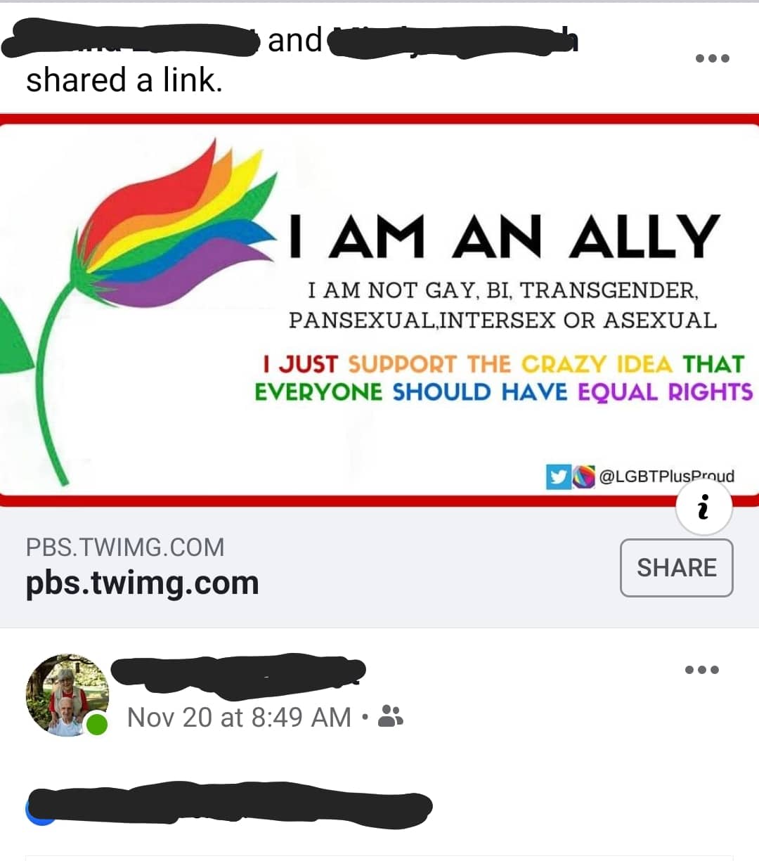 political boomer-memes political text: shared a link. I AM AN ALLY 1 AM NOT GAY, Bl, TRANSGENDER, PANSEXUALJNTERSEX OR ASEXUAL I JUST SUPPOQT THE CQAZY IDEA THAT EVERYONE SHOULD HAVE EQUAL QIGHTS @LGBTPlusPrnud i SHARE PBS.TWIMG.COM pbs.twimg.com Nov 20 at 8:49 AM • 