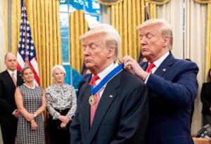 Trump giving medal to himself Elf meme template