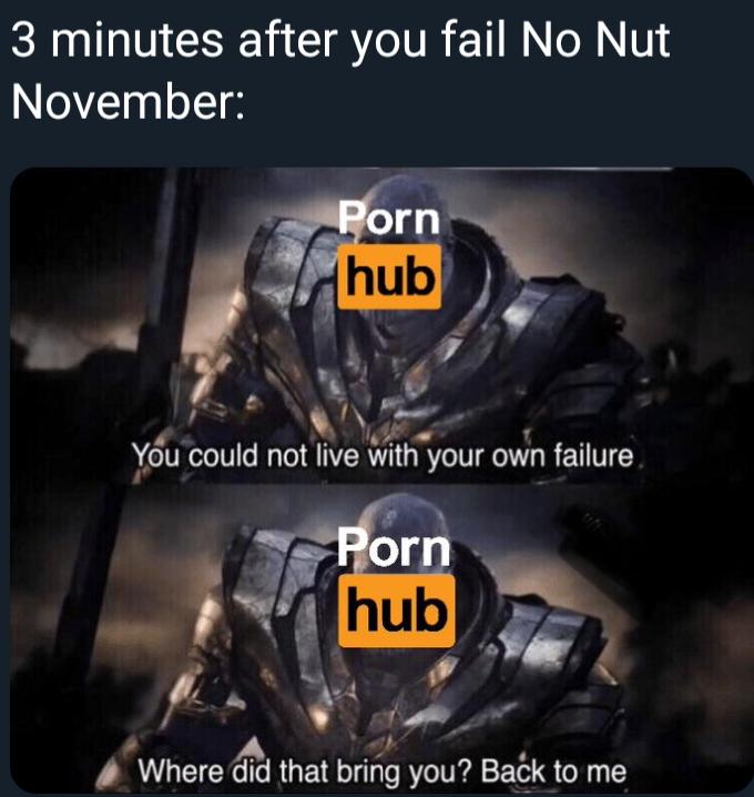 thanos avengers-memes thanos text: 3 minutes after you fail No Nut November: orn hub You-could not live with your own failure or hub Where did that bring you? Babk to me 