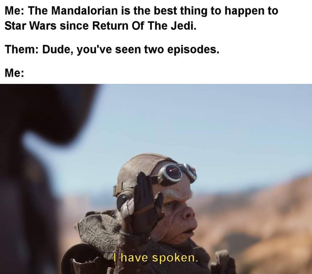 sequel-memes star-wars-memes sequel-memes text: Me: The Mandalorian is the best thing to happen to Star Wars since Return Of The Jedi. Them: Dude, you've seen two episodes. Me: I 'have spoken. 