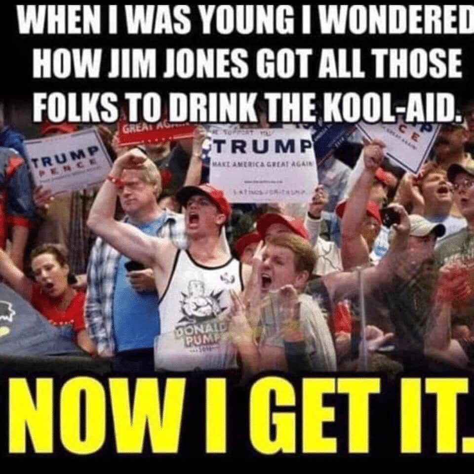 political political-memes political text: WHEN WAS YOUNG WONDERED HOW JIM JONES GOT ALL THOSE FOLKS TO DRINK THE KOOL-AID. TRUMP NOW I GET IT. 