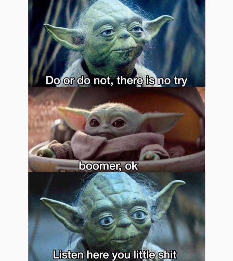 sequel-memes star-wars-memes sequel-memes text: Do or dp not, there is no try ---.—boomer, ok Listen here you littleshit 
