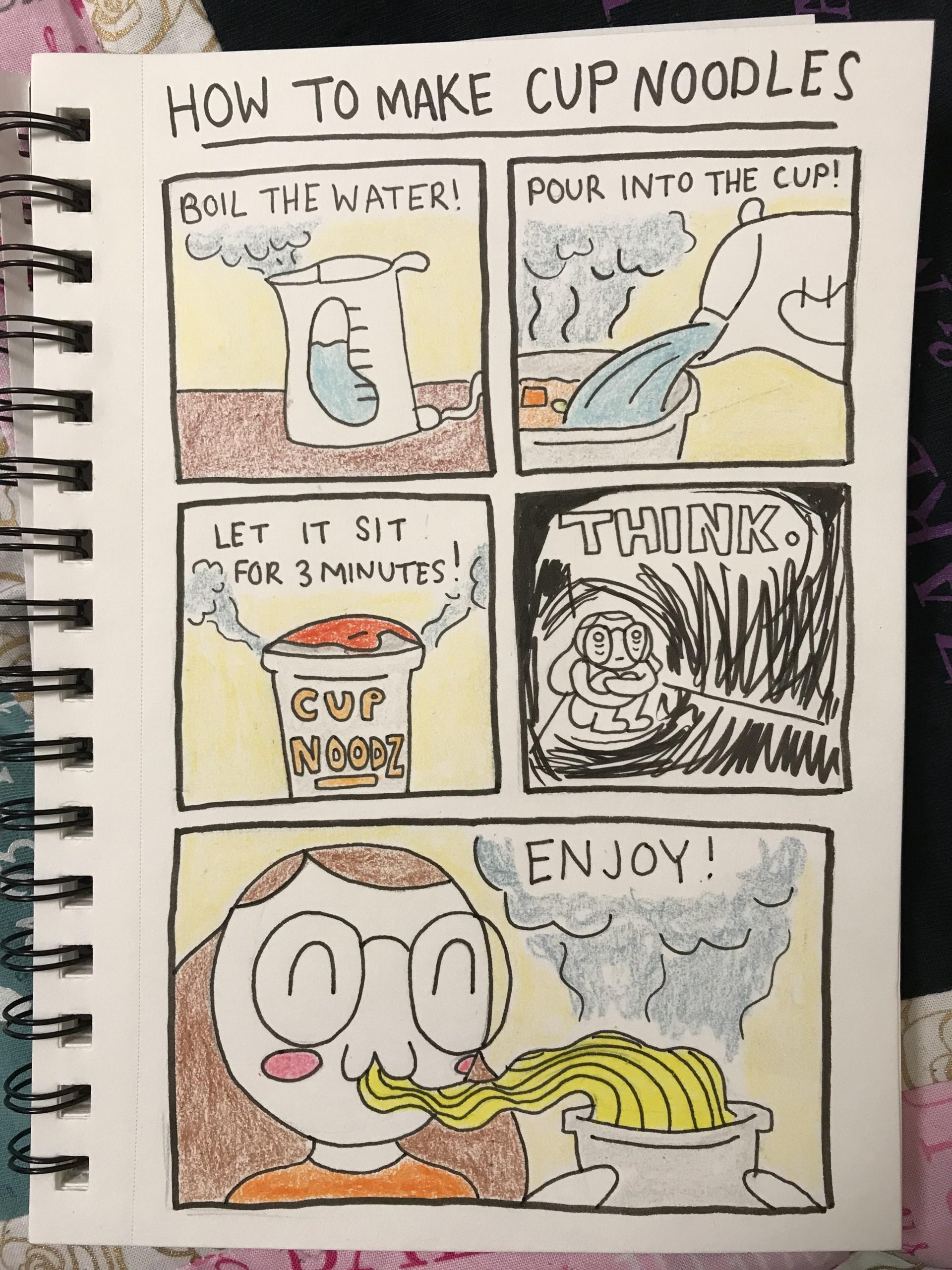 comics comics comics text: HOW TO MAKE BOIL THE WATER! LET IT S) T (ho FOR 3 MINUTES . cVP NOODLEC PovR INTO THE CUP! ENJoy I 
