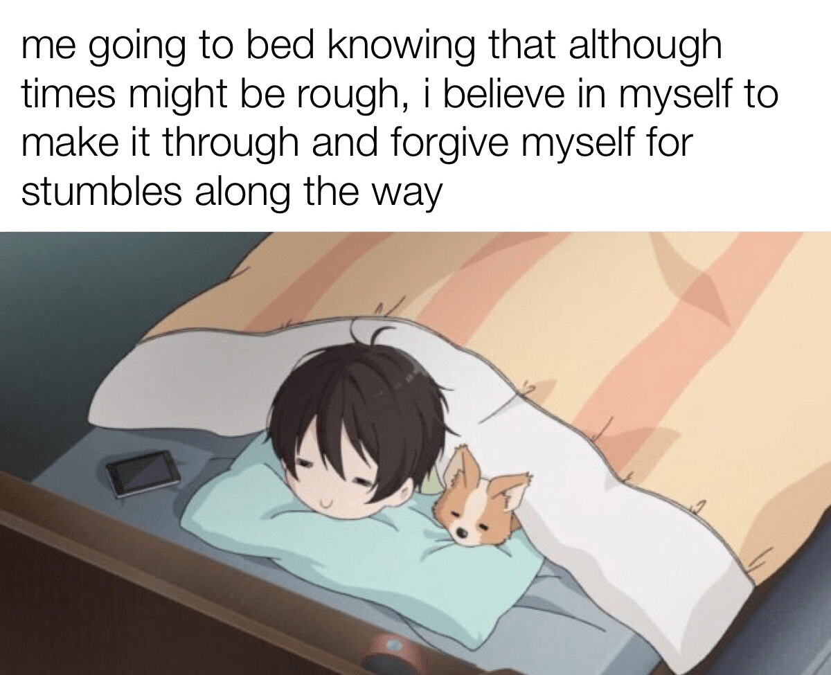 cute wholesome-memes cute text: me going to bed knowing that although times might be rough, i believe in myself to make it through and forgive myself for stumbles along the way 