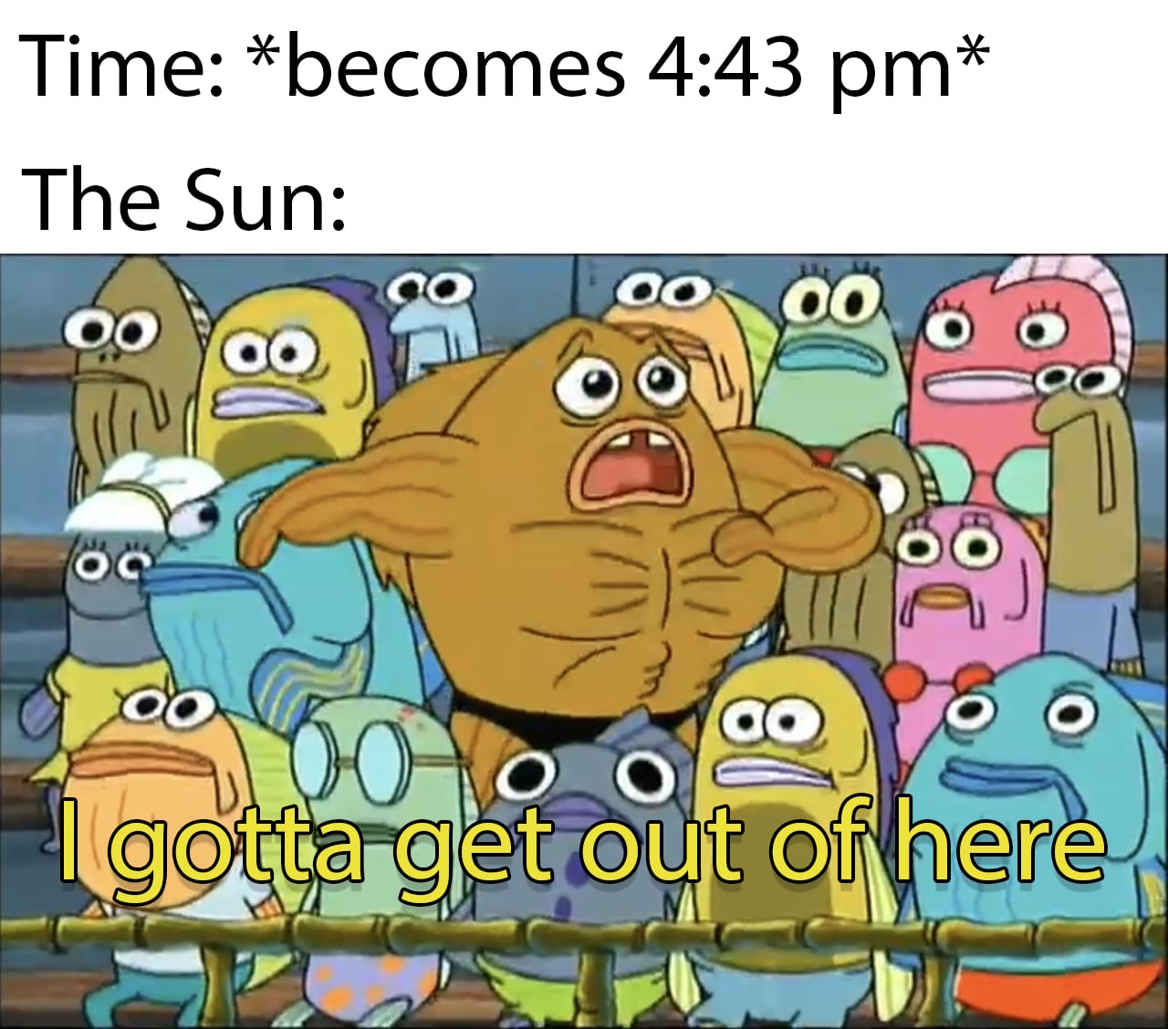 Spongebob Meme, Fish, Leaving, Running, Weather spongebob-memes spongebob text: Time: *becomes 4:43 pm* The Sun: oo- 00 00 oo govgéOt< oo 0 