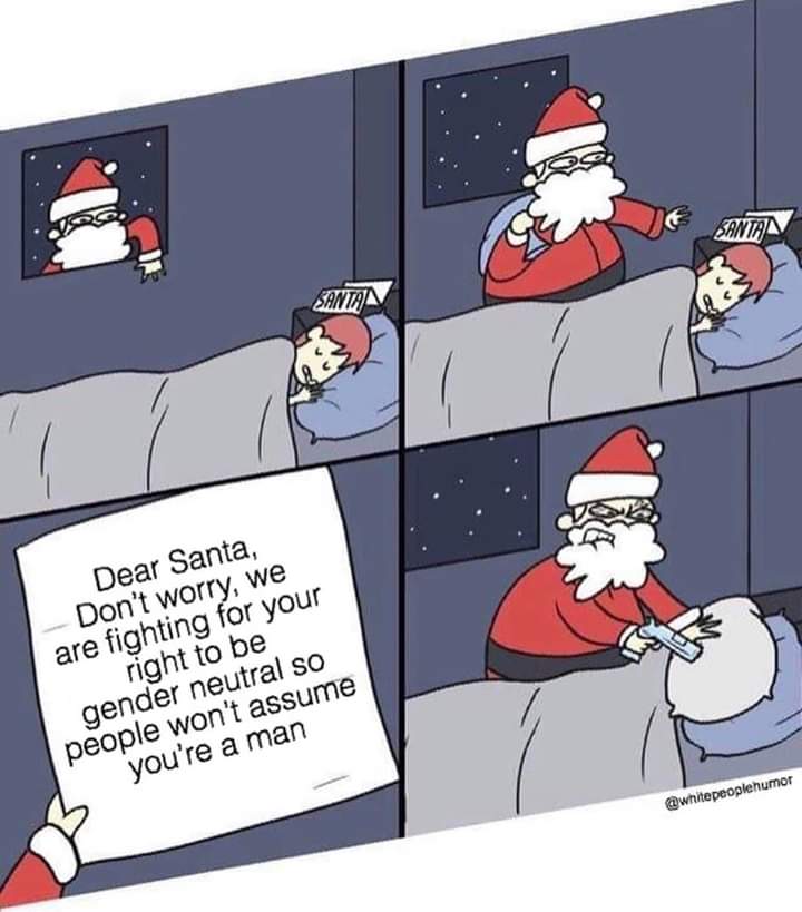 nsfw offensive-memes nsfw text: Dear Santa, Don't worry, we are fighting for your right to be gender neutral so people won't assume you're a man 