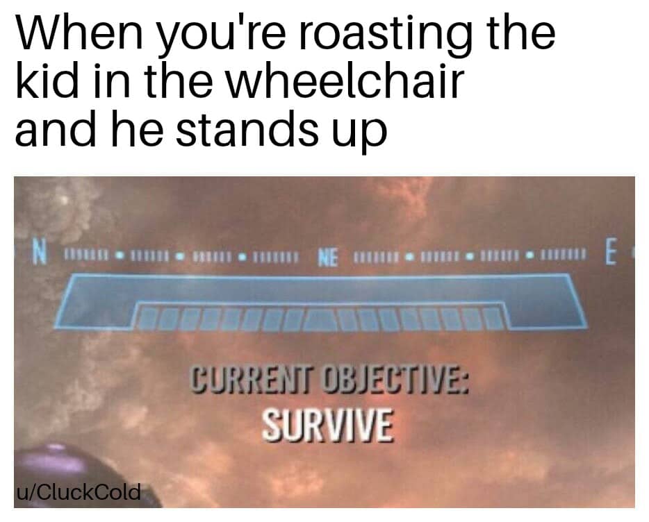 Dank Meme dank-memes cute text: When you're roasting the kid in the wheelchair and he stands up SURVIVE 