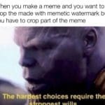 avengers-memes thanos text: When you make a meme and you want to crop the made with memetic watermark but you have to crop part of the meme The har est choices require the  thanos