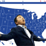 yang-memes political text: Democrat WA 12 OR 55 538 UT 11 ND MN 10 10 IL MO 10 co HI 16 11 TN 11 OH 18 Re PA VA 13 NC 15 ublican ME sc GA AL 16 FL MA DE MD DC  political