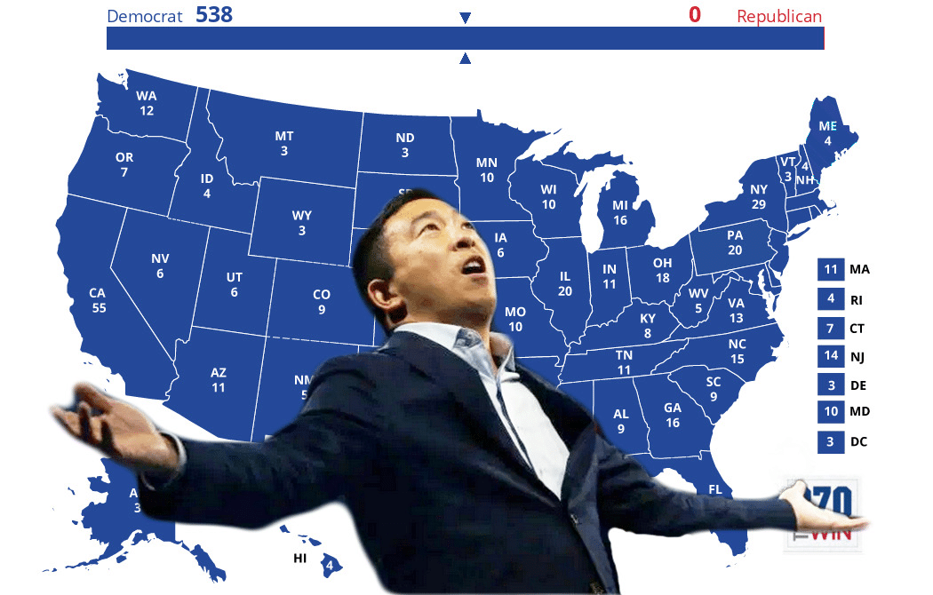 political yang-memes political text: Democrat WA 12 OR 55 538 UT 11 ND MN 10 10 IL MO 10 co HI 16 11 TN 11 OH 18 Re PA VA 13 NC 15 ublican ME sc GA AL 16 FL MA DE MD DC 