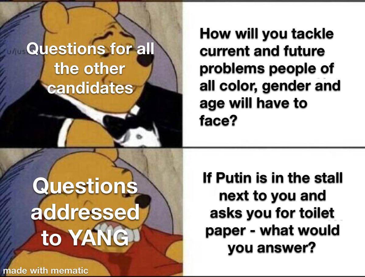 msnbc yang-memes msnbc text: Questions for all the other ndidates Questions addressed' to ade with mematic How will you tackle current and future problems people of all color, gender and age will have to face? If Putin is in the stall next to you and asks you for toilet paper - what would you answer? 