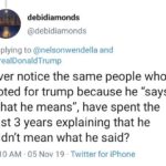 political-memes political text: debidiamonds @debidiamonds Replying to @nelsonwendella and @realDonaldTrump Ever notice the same people who voted for trump because he "says what he means", have spent the last 3 years explaining that he didn