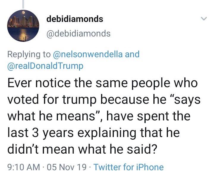 political political-memes political text: debidiamonds @debidiamonds Replying to @nelsonwendella and @realDonaldTrump Ever notice the same people who voted for trump because he 