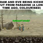 christian-memes christian text: ADAM AND EVE BEING KICKED OUT FROM PARADISE (A LONG TIME AGO, COLOURISED)  christian